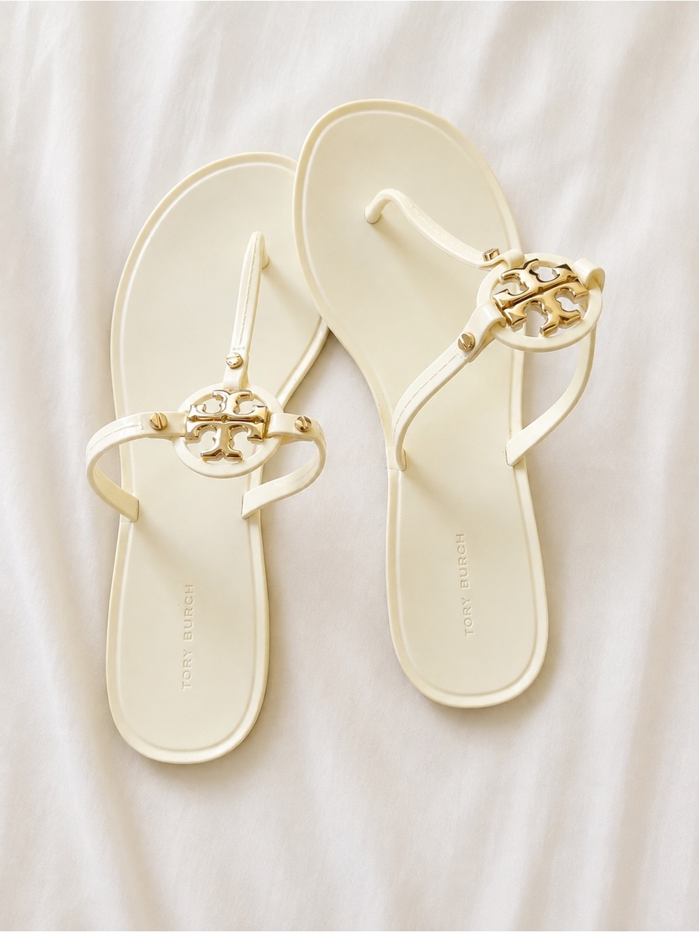 Tory Burch Ivory Miller Logo Thong Sandals with Gold Emblem
